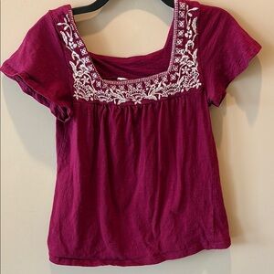 Burgundy Flutter Sleeve Embroidered Blouse
